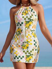 Swim Vcay Off-Shoulder, locker sitzendes Minikleid mit Blume Muster in A-Linie, Damen Sommerkleid, Damen Sommeroutfit, Urlaubskleid, Strandkleid, Damen Lässig Kleid, Urlaubskleid, Damen Strand-Urlaubsoutfit, Damen Blumenkleid, gelbes Kleid - Verschiedenfarbig - Übersicht 6