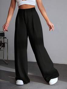 SHEIN EZwear Quần ống rộng cạp cao 100% cotton, kiểu dáng casual đa năng, phù hợp cho sinh viên, dạo chơi, tiệc tùng, lễ hội âm nhạc, lễ tốt nghiệp, tựu trường, kỳ nghỉ và công sở. - màu đen - Xem 4