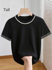 SHEIN Tall Tall Women's Regular Short Sleeve T-Shirt, Beaded Neckline And Cuffs, Fashionable Casual Sexy Golf Pastal Summer - Black - View 1