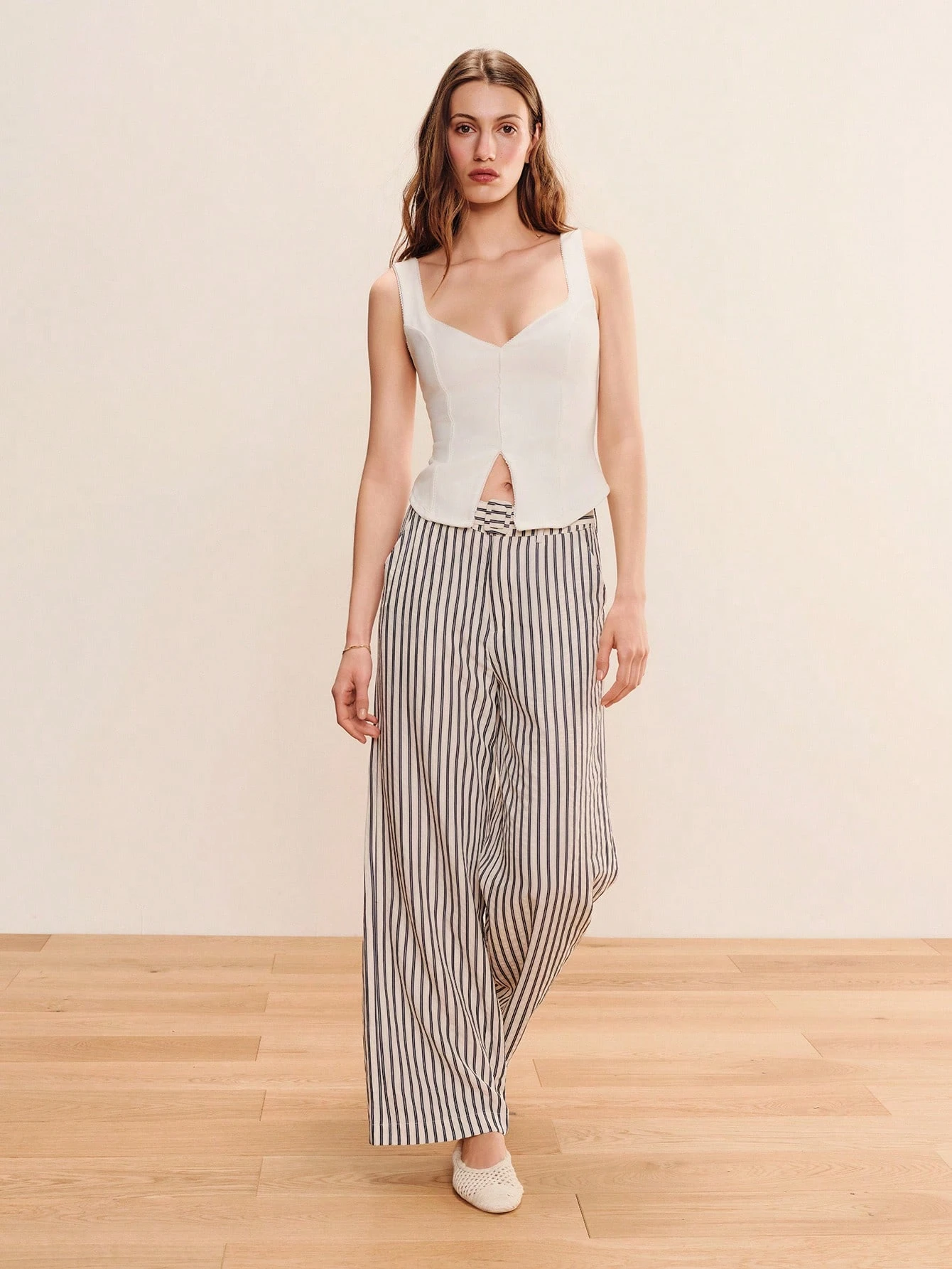 Black And White High-Waisted Striped Wide-Leg Pants With Self Fabric Belt And Buckle Spring Summer French Style Parisian Style Work Office Outfit Chic
