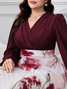 Modelyn 2026新款印花灯笼袖加大码女式连衣裙 - 酒紅色 - 查看 8