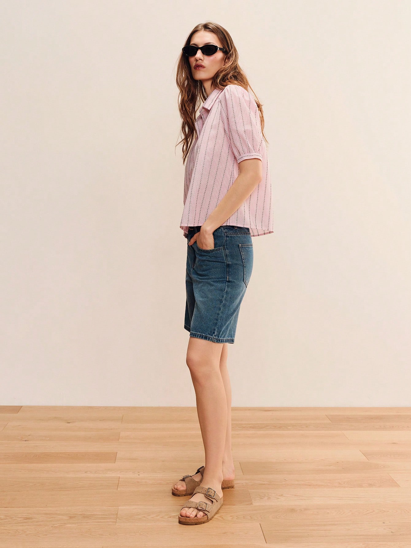 Relaxed Pink Striped Shirt With Short Gathered Sleeves And Buttoned Placket