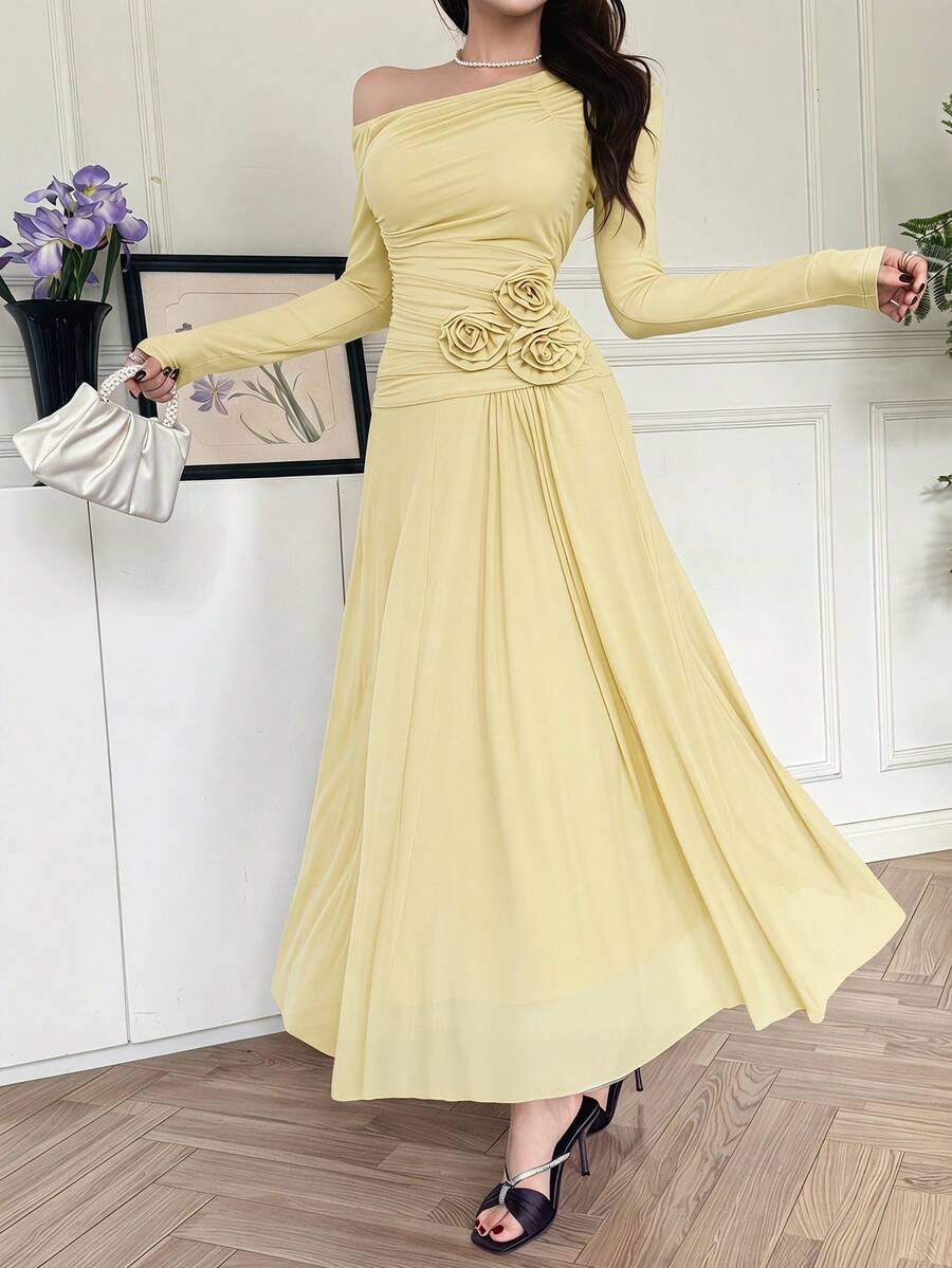 Feyla Vestido elegante de mujer con decoración floral 3D de unicolor
