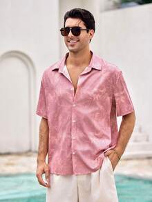 Mercer Haus Men's Lightweight Retro Coin Print Casual  Shirt, For Summer Vacation Beach Wear - Pink - View 5