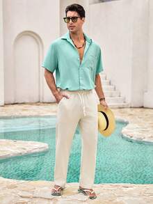 Mercer Haus Camisa casual de unicolor para hombre, chaqueta-camisa de manga corta de moda, verde menta, camisa de playa de resort hawaiano - verde menta - Ver 3