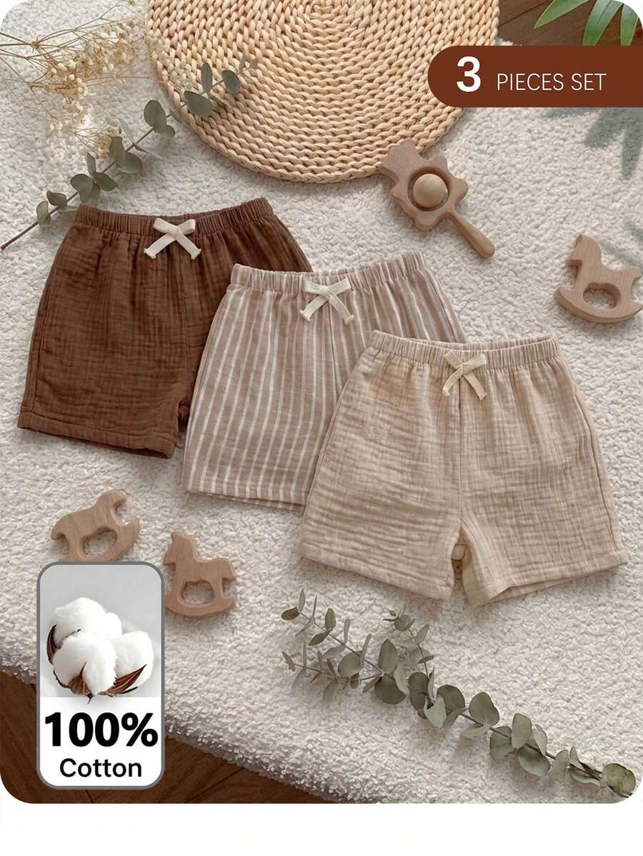 SHEIN 3pcs Baby Boy Elastic Waist Pants With Decorative Ribbon,Comfortable&Versatile Set Toddler Cotton Shorts Babyboy Short Summer Plain - Khaki - View 1