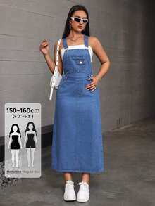 SHEIN PETITE Vestido de verano sin mangas de unicolor con bolsillos, vestido de mezclilla casual, para mujeres de talla pequeña - Azul - Ver 5
