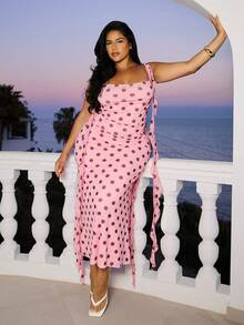FASHION SZN Damen Große Größen Polka Punkt Rüschen Mesh Stretch Maxikleid Rosa Elegant Chic Rennen Tag Kleid Geburtstags Party Anlass Hochzeitsgast Kleid Tupfen Kleid Große Größen Urlaubsoutfit Abend Formell - Verschiedenfarbig - Übersicht 1