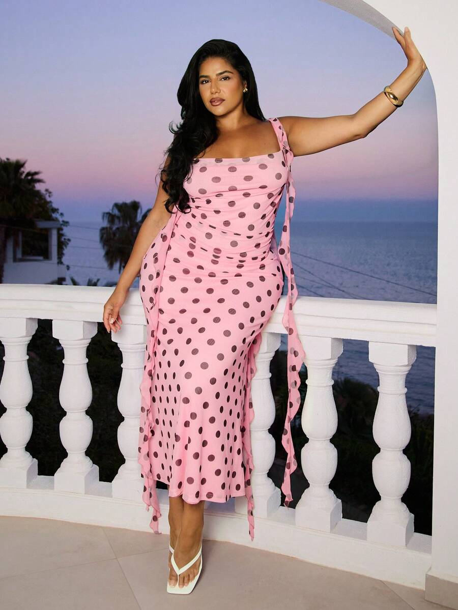 FASHION SZN Damen Große Größen Polka Punkt Rüschen Mesh Stretch Maxikleid Rosa Elegant Chic Rennen Tag Kleid Geburtstags Party Anlass Hochzeitsgast Kleid Tupfen Kleid Große Größen Urlaubsoutfit Abend Formell - Verschiedenfarbig - Übersicht 1