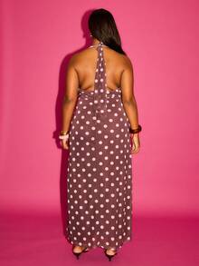 FASHION SZN Plus Size Wrap Over Mesh Polka Dot Ruffle Halter Neck Maxi Dress Stretch Fabric Elegant Occasion Chic Wedding Guest Races Dress Hen Do Bachelorette - Multicolor - View 2
