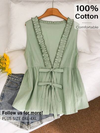 CosyJoli Plus-Size Women's Tops, Bow-Tie Cardigan Shirts, Mint Green Tops With Ruffled Trim, Cute Babydoll Summer Clothes, Casual Sleeveless Women's Tops, Adorable Outdoor Outfits.