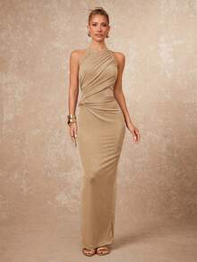 Lumalex Frühlingsfrisches Neckholder-Fokus Rundhals Gerafftes Kreuz-Metall-Dekor Bodycon Kleid für Frauen, Luxus Neujahrslook Stille Luxus Abschlussball Versammlung Party Bankett Bescheiden Altes Geld Kokette Glitzer Feiertagsparty Rave Festival Ausflug Urlaub Reichhaltig geschichtet Hochzeitssaison Bankett ID Al-Adha Al-Adha Party Neujahrslooks der Party Partykleid für Blaues Kleid für Frauen Drapiertes Kleid - Gold - Übersicht 5