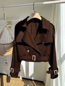 Comfortcana Plus Size Retro Brown Short Trench Coat With Collar, Suitable For Spring And Autumn - Brown - View 2