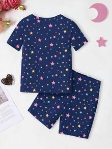 1 Set Young Girls Glow-In-The-Dark Mermaid Print Tight Fit Short Sleeve Top And Shorts Pajama Set - Navy Blue - View 2