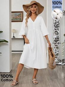 Faunlyn Women's Solid Color Minimalist Modest V-Neck Long Sleeve Dress, Casual Everyday Wear Holiday Vacation White Summer Cotton And Linen Dresses - White - View 5
