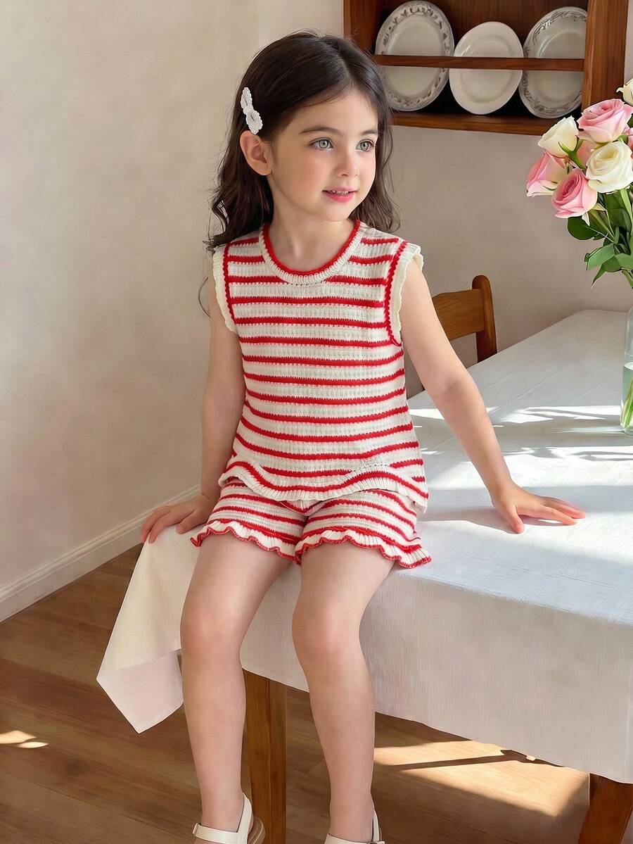 SHEIN Vintaside Kids 2件套女童条纹提花针织宽松背心短裤套装，适合休闲、度假、运动、夏季穿着