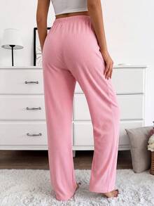 Women Cotton Rib Knit 2 Pcs Bow &Ribbon Detail Homewear Long Longe Comfort Long Bottoms Sets - Multicolor - View 4