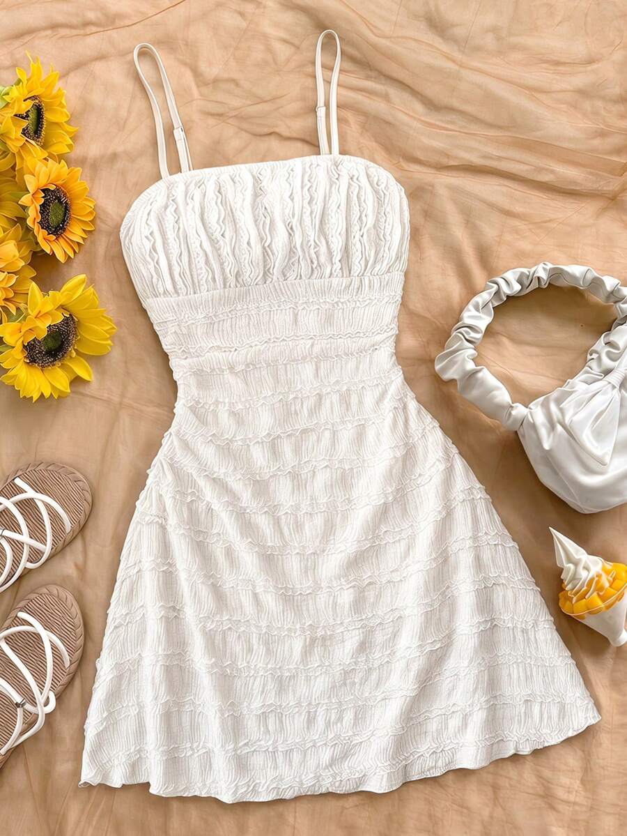 SHEIN Đầm hai dây dệt kim jacquard cho bé gái tuổi teen, màu mơ. - Màu be - Xem 1
