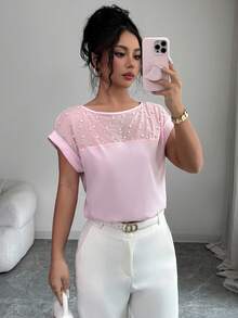 EMERY ROSE Blus Lengan Pendek Wanita Warna Pink Model Baru untuk Musim Semi/Panas, Motif Rajutan, Kasual, Elegan, dan Mewah - Baby Pink - View 6