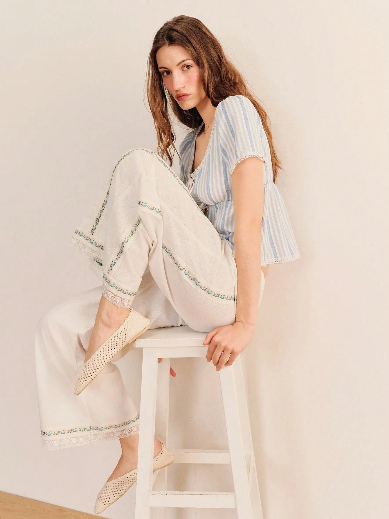 White Linen Loose Fit Summer Trouser With Blue Embroidery Panel Detail Boho Cute Spring Summerfrench Style Casual Pants Holiday Pants Vacation Pants