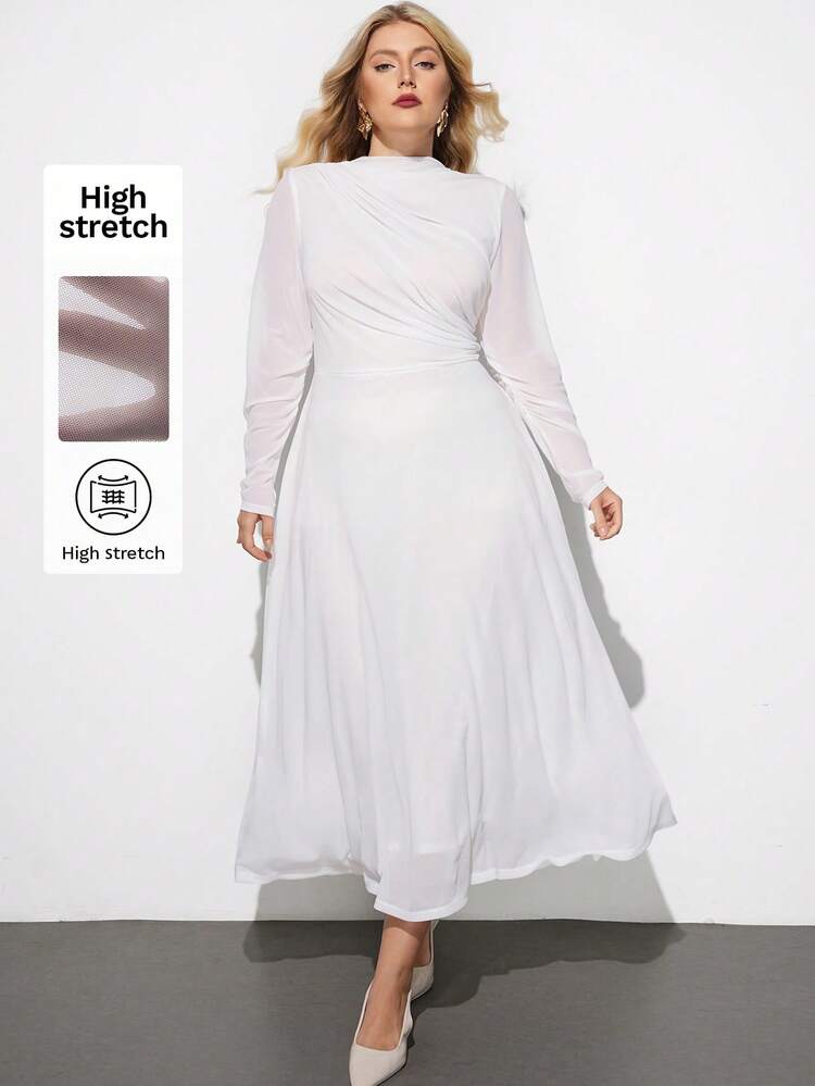 Maija Plus Size Women's Solid Color Fitted Waist A-Line Long Dress, Urban Commute Business Casual Summer Dress, Elegant Dress For Women White Plus Size Dresses For Women Chiffon Dress Curve Mother's Day - White - View 1