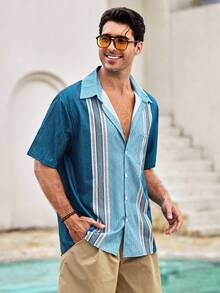 Mercer Haus Retro Geometric Contrast Color Textured Print Men's Lightweight Loose Button Pocket Short Sleeve Shirt - Blue - View 5