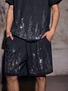 Skyrend 2pcs/Set Men's Comfortable Washed Fabric Flame Rhinestone Decor Round Neck Short Sleeve T-Shirt And Drawstring Elastic Waist Shorts, Suitable For Casual, Party, Gathering, Sports, Office, Spring/Summer, Classic Bestselling Set, Great For Self-Wear Or Giftemo - Black - View 8