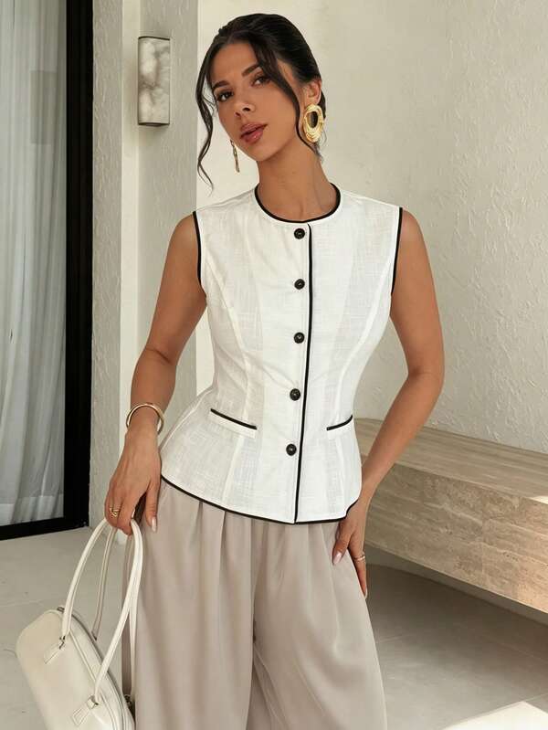 Firerie Women's Elegant Minimalist Daily Commute Fitted Blazer Jacket, White Round Neck Sleeveless Waist Contrast Trim Blazer, Vintage Style, Teacher Outfit, Outdoor Activities, Business Casual, Modern Commute