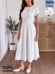 EMERY ROSE Đầm nữ màu trơn cổ tròn tay ngắn, eo nhún bèo, kiểu dáng thường ngày. - trắng - Xem 4