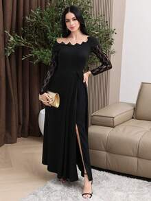 Modelyn Women's Off-Shoulder Lace Patchwork Elegant Waist Cinched Long Dress, Suitable For Party And Outings - Black - View 7
