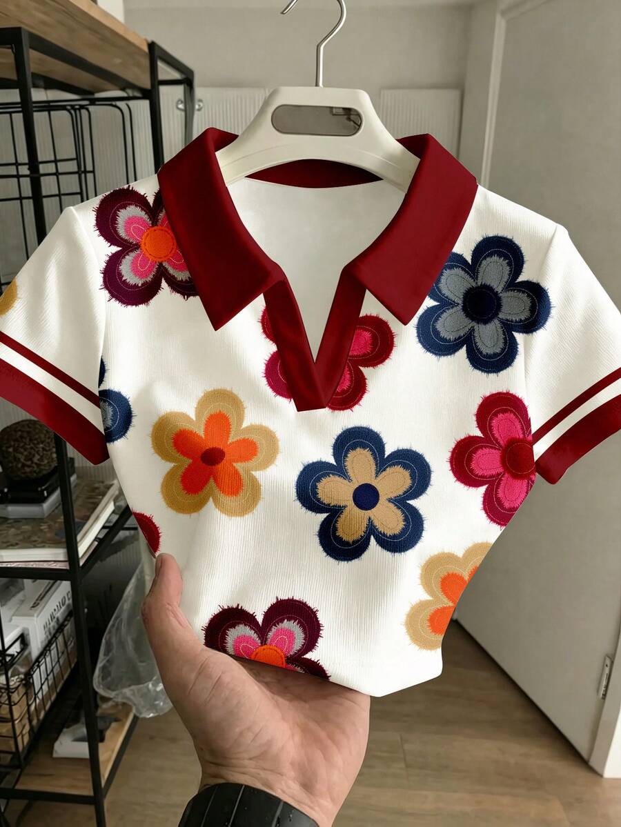 少女压花T恤,波西米亚风野花植物图案T恤,休闲印花短袖上衣,夏季,可爱 - 彩色 - 查看 1