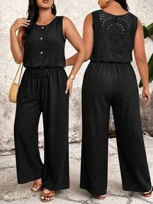 Breezaya Mono de talla grande de unicolor con cuello redondo, espalda descubierta, ribete de encaje, sin mangas y cintura elástica - Negro - Ver 1