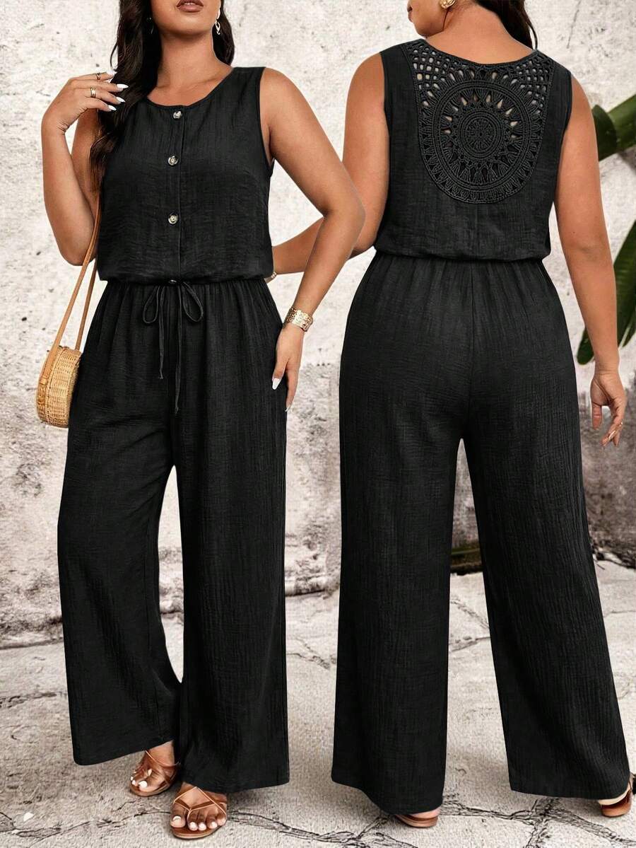Breezaya Mono de talla grande de unicolor con cuello redondo, espalda descubierta, ribete de encaje, sin mangas y cintura elástica - Negro - Ver 1