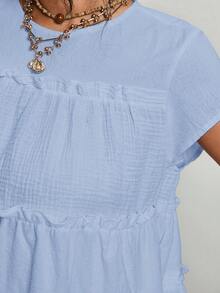 Freevana Plus Size Summer Minimalist Solid Color Textured Frill Trim Shirt - Blue - View 3
