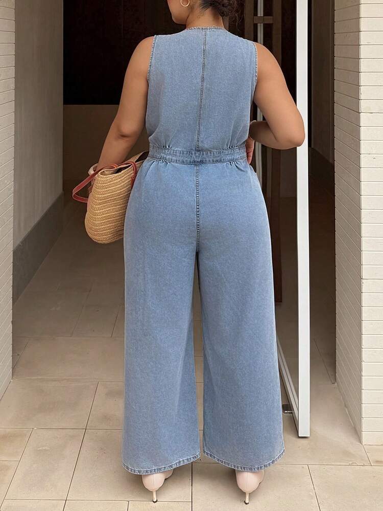 Dazy Plus Plus Size Women Western Cowgirl High Waist Loose Wide Leg Jeans Casual Jumpsuit Overalls For Summer