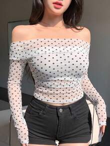DAZY 女士弹力网纱露肩上衣，春夏款 - 杏色 - 查看 6