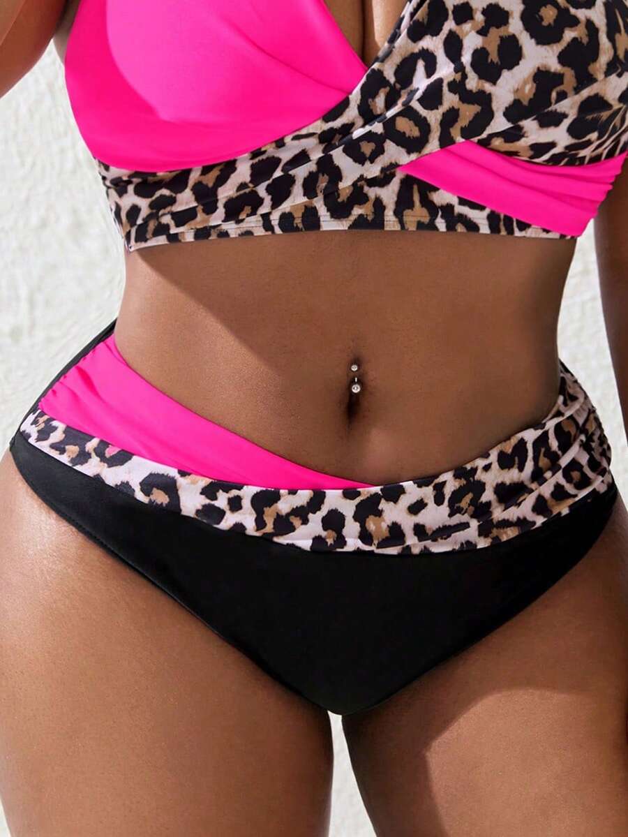 Slaydiva Bộ bikini cạp cao xếp ly, ôm bụng, họa tiết da báo màu hồng neon phối nhiều mảnh, dành cho nữ cỡ lớn năm 2026, thích hợp cho kỳ nghỉ biển, kỳ nghỉ hè, dự tiệc, đồ bơi thanh lịch cho nữ, trang phục nghỉ dưỡng. - Nhiều màu - Xem 1