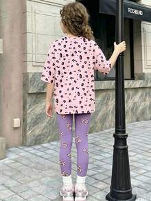 2pcs/Set Young Girls Cute Vintage Rabbit & Leopard Bow Print Top,Tight Shorts,Light Pink,Summer Casual Outfits,Korean Style,Y2K,Kawaii,Cottagecore Set - Multicolor - View 4