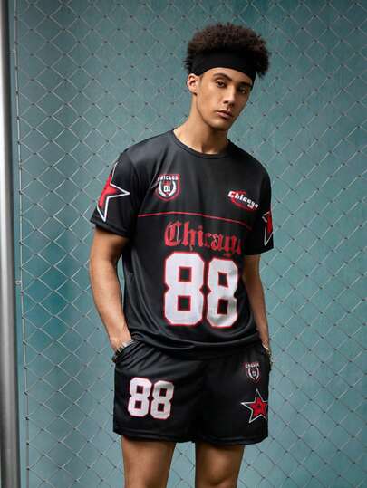 EVRINFINITE Chicago 88 Star Men's 2 Pieces Set - Chicago Pattern T-Shirt With Red Accents + Shorts, Made Of Lightweight Polyester Knit Fabric Suitable For Everyday And Special Occasions, An Ideal Gift For Sports Fans