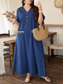 Lacomfia Navy Blue Linen Casual Loose Dress, Short Sleeve, Comfortable Daily Wear, Versatile, Wooden Button, Shell Tassel Decor, Plus Size Women - Navy Blue - View 5