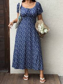 Sunnyshic Gaun Pas Badan Motif Bunga Kecil Warna Biru Tua Ukuran Plus, Gaun Nyaman untuk Musim Semi/Panas - Navy Blue - View 5