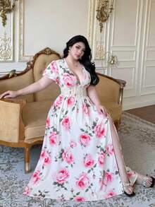 French Rose Print Dress, V-Neck Lace Waist Ruffle Sleeve Split Dress, Slimming Vacation Dress Suitable For Party And Holiday Wear, Summer - White - View 1