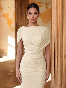 Aureia Elegant Luxurious Minimalist Solid Color Chiffon Overlay Ruffle Decor Fishtail Hem Bridesmaid Dress - Apricot - View 6