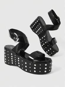 ROMWE Grunge Punk Giày sandal đế cao, gót đính kim tuyến, khóa cài nhọn dành cho nữ. - màu đen - Xem 4