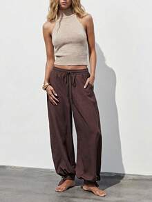 SHEIN Maija Women's Solid Color Drawstring Waist Pockets Casual Loose Harem Pants, Summer Holiday , Spring , Valentine For Women, Beach Pants, Beach , Vacation, Summer Holiday , Vacation For Women, Casual Pants, Brown Pants, Loose And Comfortable Baggy Pants Loose Pants St Patrick's Day Women Easter Summer Easter Party Top Summer Holidays Each Vacations For Women Summer For Women Going Outs Graduation Casual - Coffee Brown - View 6