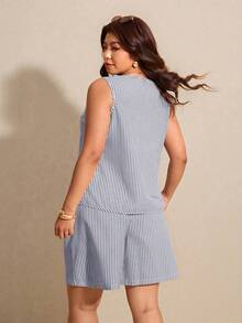 Elaquor Conjunto de 2 piezas de top de tirantes con botones y shorts a rayas, estilo casual de talla grande para verano - Azul Marino - Ver 2