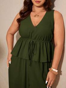 Elaquor Plus Size Summer Casual Solid Color V-Neck Tie-Waist Tank Top And Pants 2-Piece Set - Army Green - View 7