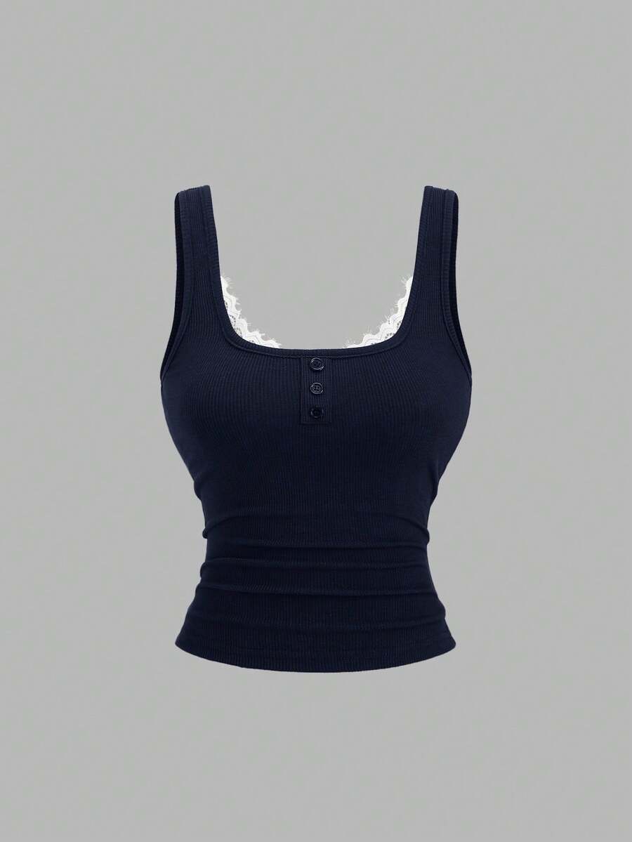 Sweetra Kamisol Kasual Wanita dengan Motif Renda dan Patchwork - Navy Blue - View 1