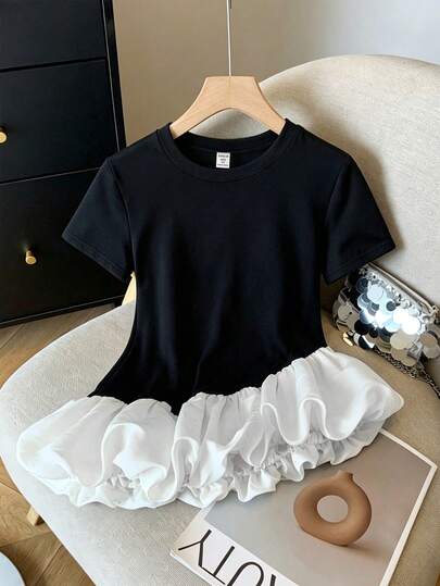Tween Girls Casual All-Match Versatile Daily Wear School Elegant Ruffle Hem Round Neck Short Sleeve Contrast Color Splice Top T-Shirt