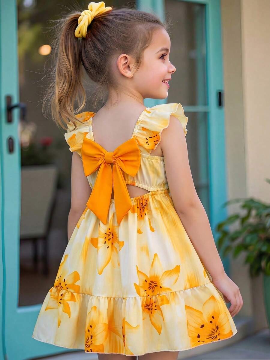 Elladie kids فستان بطبعة زهور ملونة وزخرفة كشكشة وفيونكة، مناسب للعطلات الاستوائية والصيف والسفر، إطلالة أنيقة وجميلة للفتيات الصغيرات - أصفر - مشاهدة 1